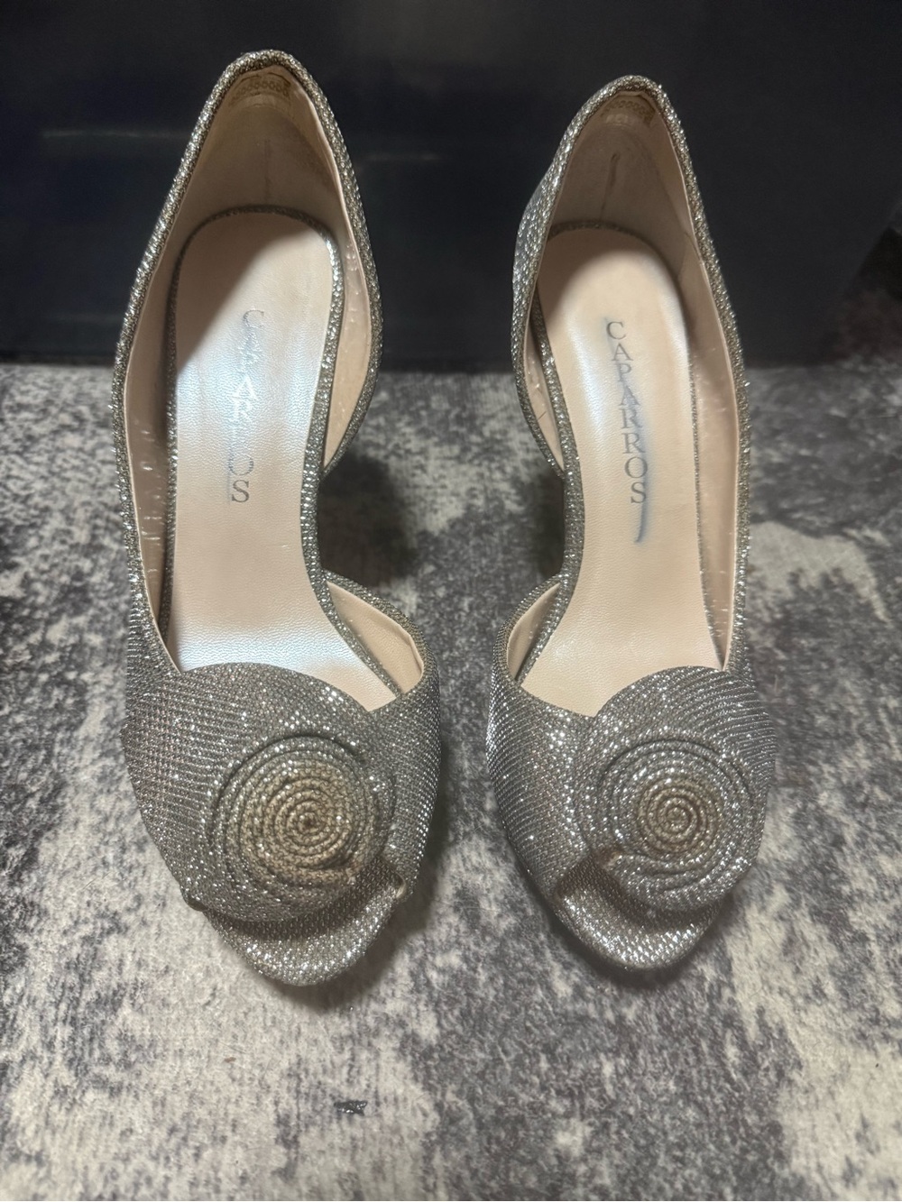 Caparros Silver Glitter D'Orsay Heels with Rosette Accent
